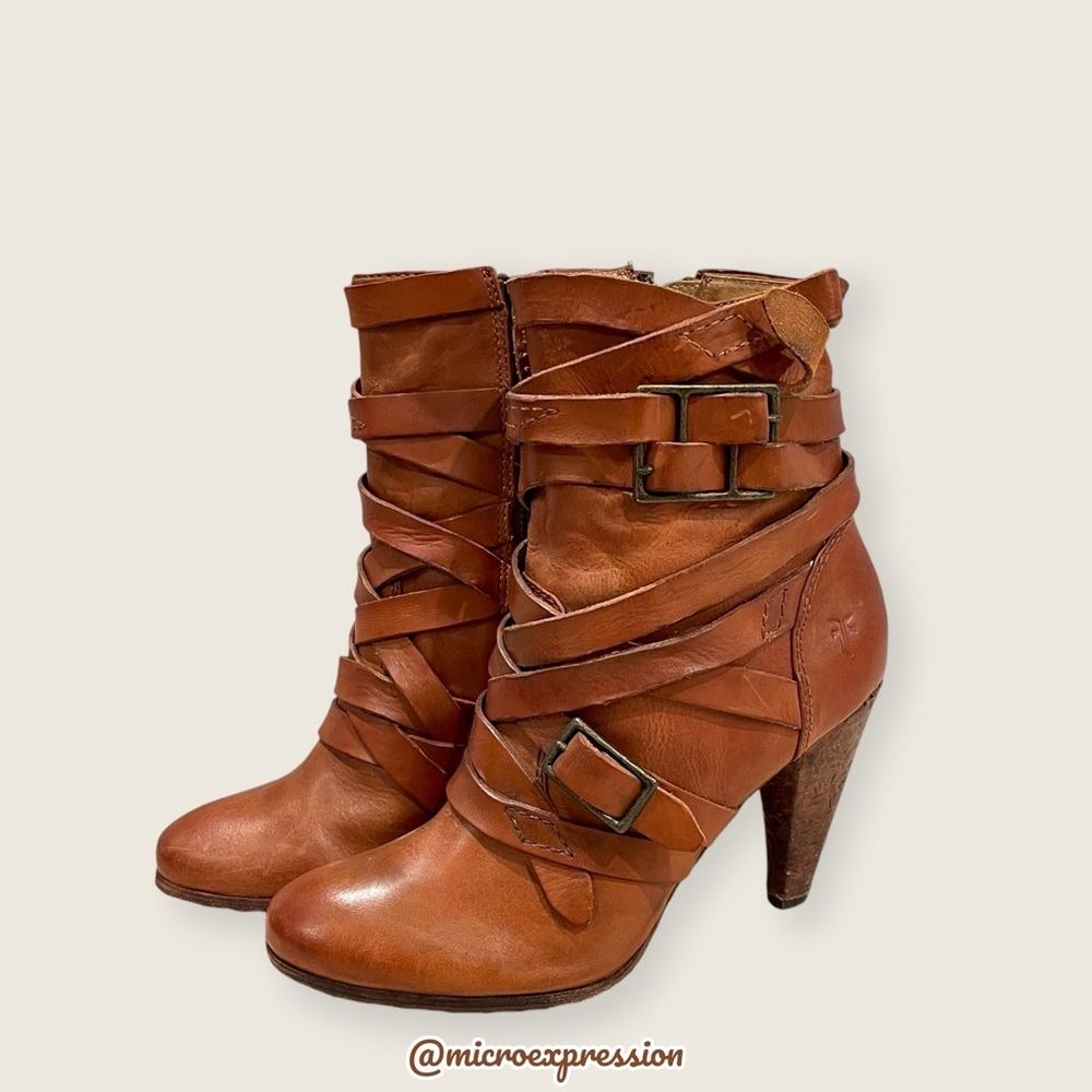 $369 Frye Mikaela Strappy Cognac Distressed Leather Zip Up Career Ankle Bootie - Picture 5 of 11